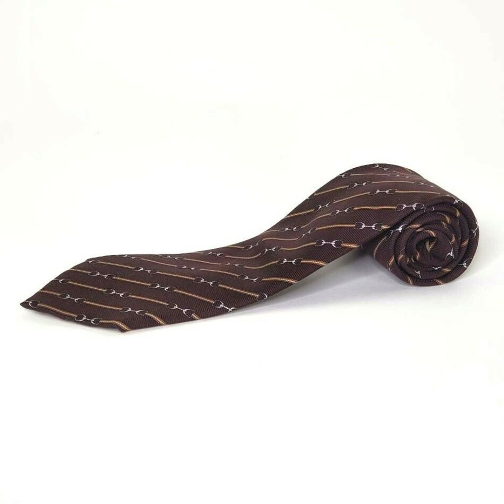 Gucci Mens Tied Necktie Brown Horsebit 100% Silk